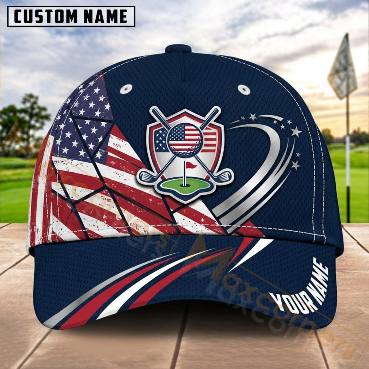 Maxcorners Golf USA Shield Flag Dynamic Wave Personalized Name 3D Cap