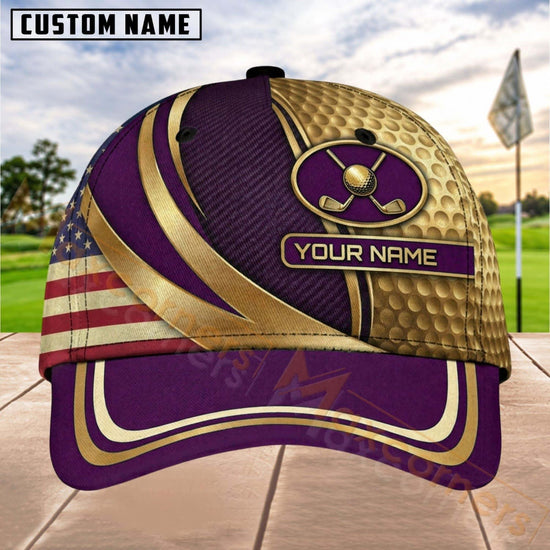 Maxcorners Golf Patriotic Gold Emblem Personalized Name 3D Cap (7 Colors)