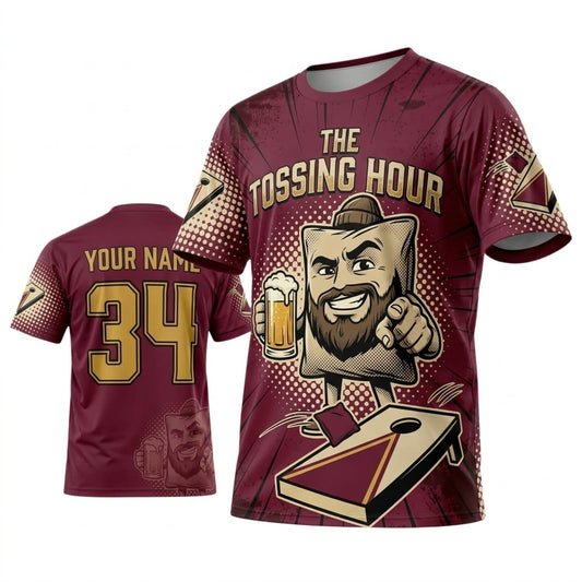 Maxcorners Cornhole The Tossing Hour Burgundy Vintage Gentleman Personalized Name 3D Unisex Shirt