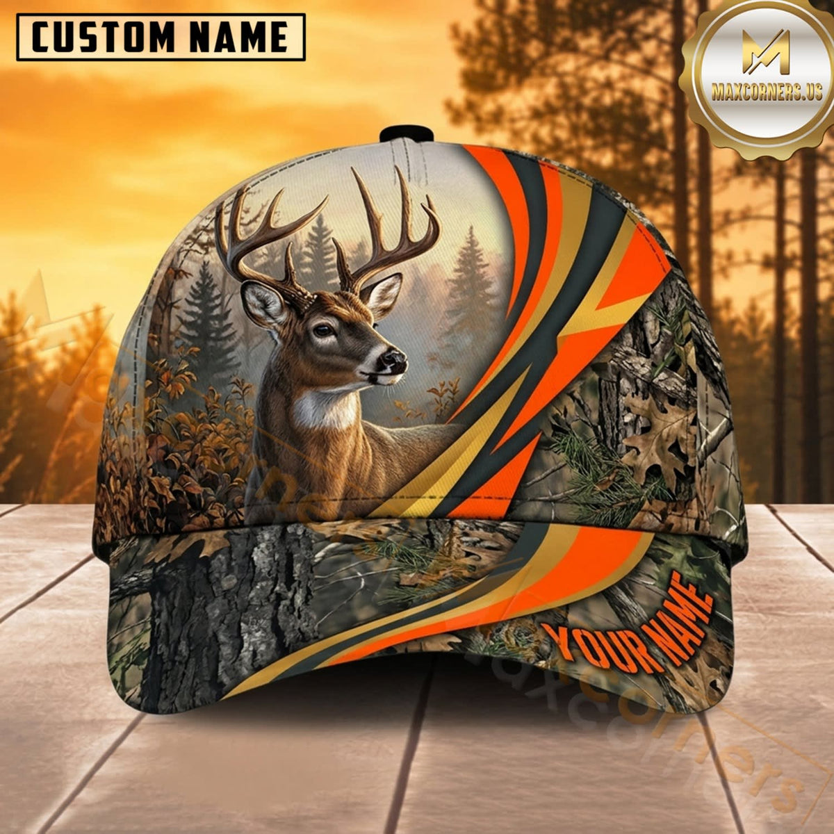 Maxcorners Deer Hunting Whitetail Buck Double Blaze Orange Speed Stripe Camo Customized Name 3D Cap