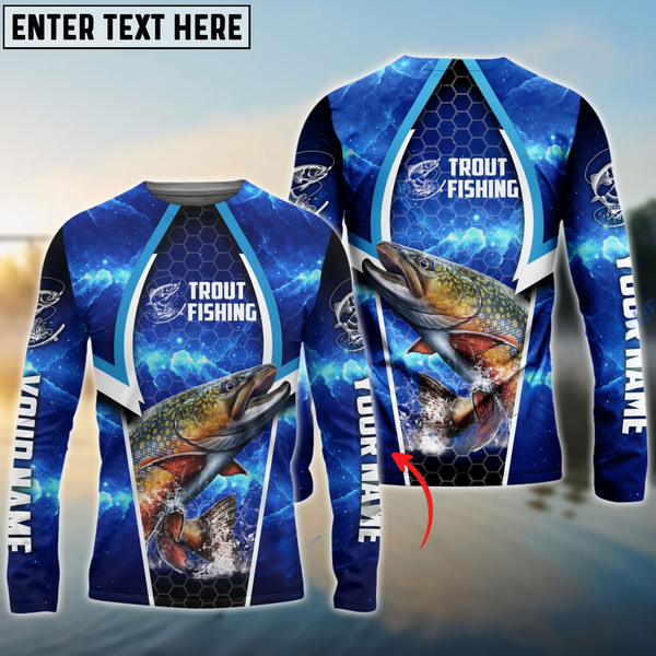 Maxcorners Trout Fishing Blue Galaxy Personalized Name, Team Name 3D Long Sleeve Shirt