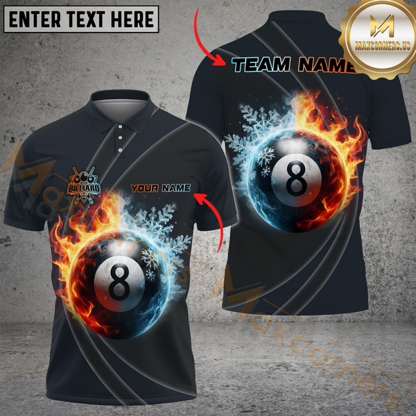 Maxcorners Billiard 8-Ball Fire And Ice Multicolor Option Customized Name, Team Name 3D Polo Shirt