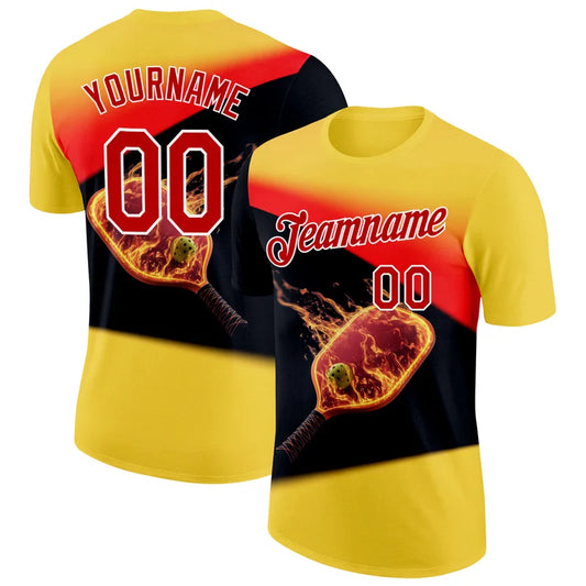 Maxcorners Blazing Pickleball Paddle Fire Flame Blast Yellow Black Split Personalized Name 3D Unisex Shirt
