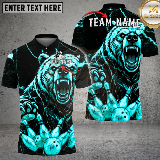 Maxcorners Bowling Bear Roaring Gold Marble Lightning Multicolor Options Personalized Name, Team Name 3D Shirt (4 Colors)