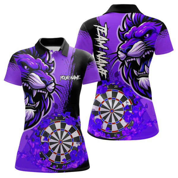 Maxcorners Purple Funny Darts Flame Lion Custom Polo & Quarter-Zip, Personalized Men Dart Shirts Dart Jerseys LM0705