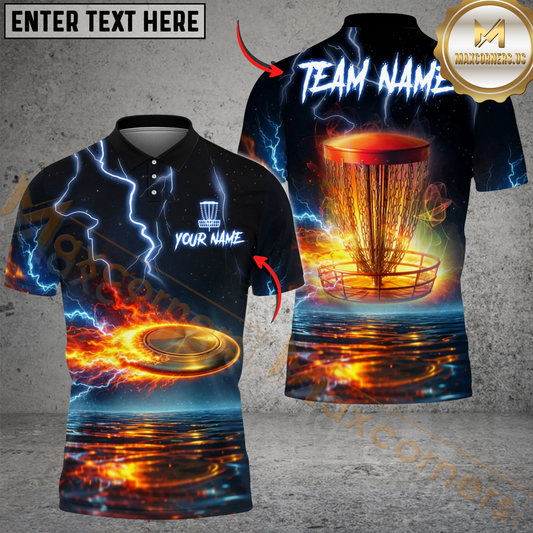 Maxcorners Lightning Strike Disc Golf Polo Personalized Name, Team Name 3D Shirt (4 Colors)