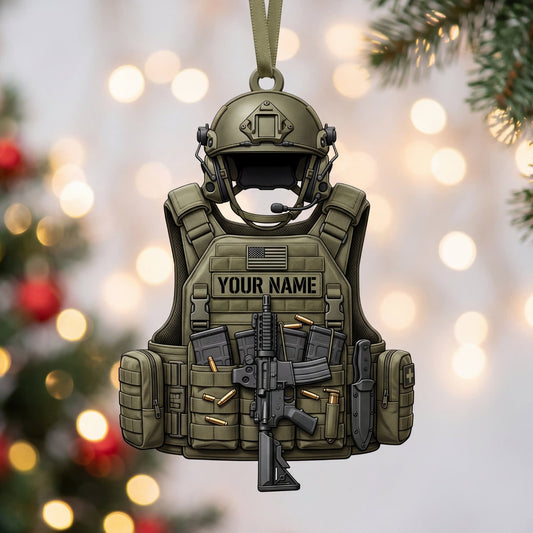 Maxcorners Military Olive Combat Helmet And Tactical Vest Personalized Name 3D Keychain And Ornament