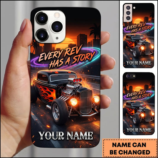Maxcorners Hot Rod Orange Vintage Car with Every Rev Has a Story and Fire Design Personalized Name 3D Phone Case