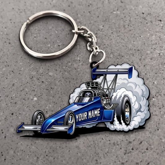 Maxcorners Classic Muscle Car Blue Vintage Dragster with White Tire Smoke Personalized Name 3D Keychain And Ornament