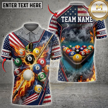 Maxcorners Billiards American Flag Flaming Pool Balls And Electric Lightning Personalized Name 3D Unisex Shirt