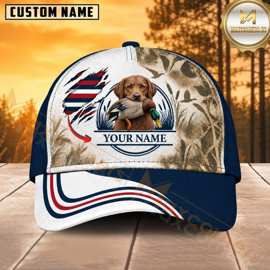 Maxcorners Dog Hunting And Duck Navy Blue White Camo American Flag Wave Personalized Name 3D Cap
