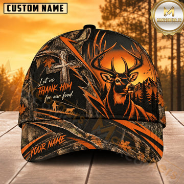 Maxcorners Deer Hunting Whitetail Buck Thank Him for Our Food Orange Cross Graphic Customized Name 3D Cap