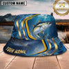 Maxcorners Fishing Blue Gold Wave Personalized Name 3D Bucket Hat (12 Fish Species)