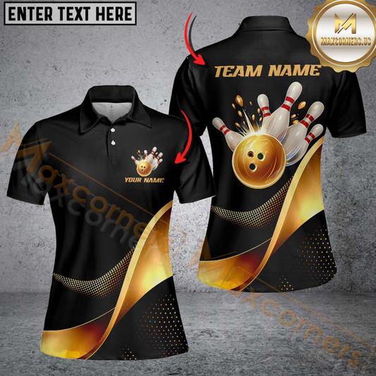 Maxcorners Black And Gold Bowling Ball And Pins Custom Bowling Shirts Bowling Team Tournament Jerseys Shirt For Women