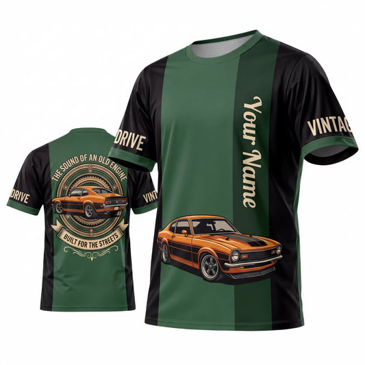Maxcorners Personalized Car Classic Muscle Car 3D T-Shirt – Forest Green Black Two Tone Vintage Racing Orange Car
