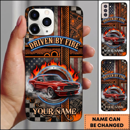Maxcorners Classic Muscle Car Red Vintage Car with Industrial Garage and Orange Racing Stripes Personalized Name 3D Phone Case