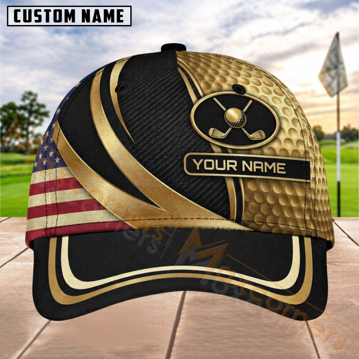 Maxcorners Golf Patriotic Gold Emblem Personalized Name 3D Cap (7 Colors)