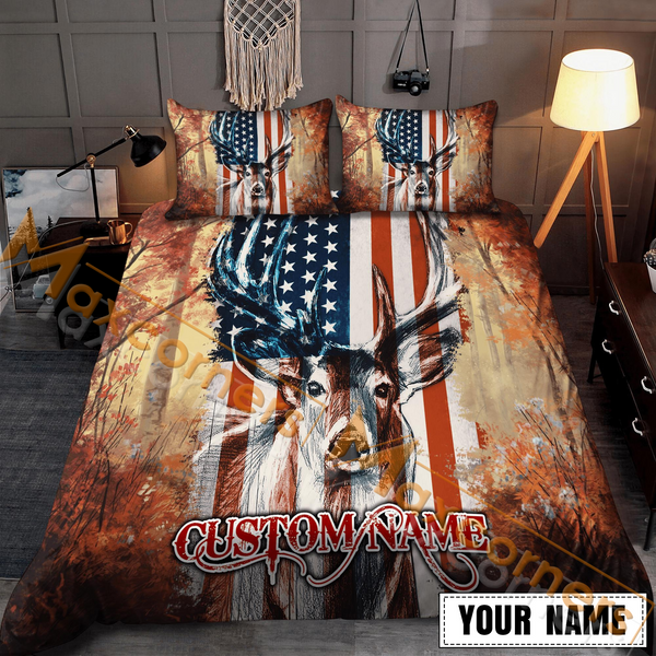 Maxcorners Custom Text USA Flag Deer Hunting Bedding Set 3D All Over Printed