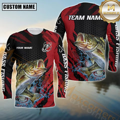 Maxcorners Bass Fishing Red Splash Strike Personalized Name, Team Name Long Sleeve Shirt