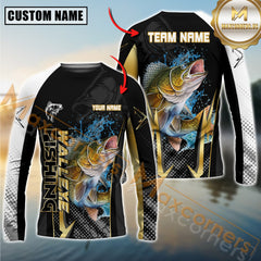 Maxcorners Walleye Fishing Black Gold Design Pattern Sport Jersey Personalized Name, Team Name Long Sleeve Shirt