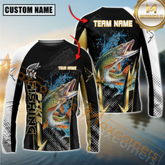 Maxcorners Pike Fishing Black Gold Design Pattern Sport Jersey Personalized Name, Team Name Long Sleeve Shirt