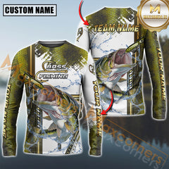 Maxcorners Bass Fishing Skinfish Golden Line Pattern Sport Jersey Personalized Name, Team Name Long Sleeve Shirt