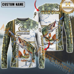Maxcorners Pike Fishing Skinfish Golden Line Pattern Sport Jersey Personalized Name, Team Name Long Sleeve Shirt
