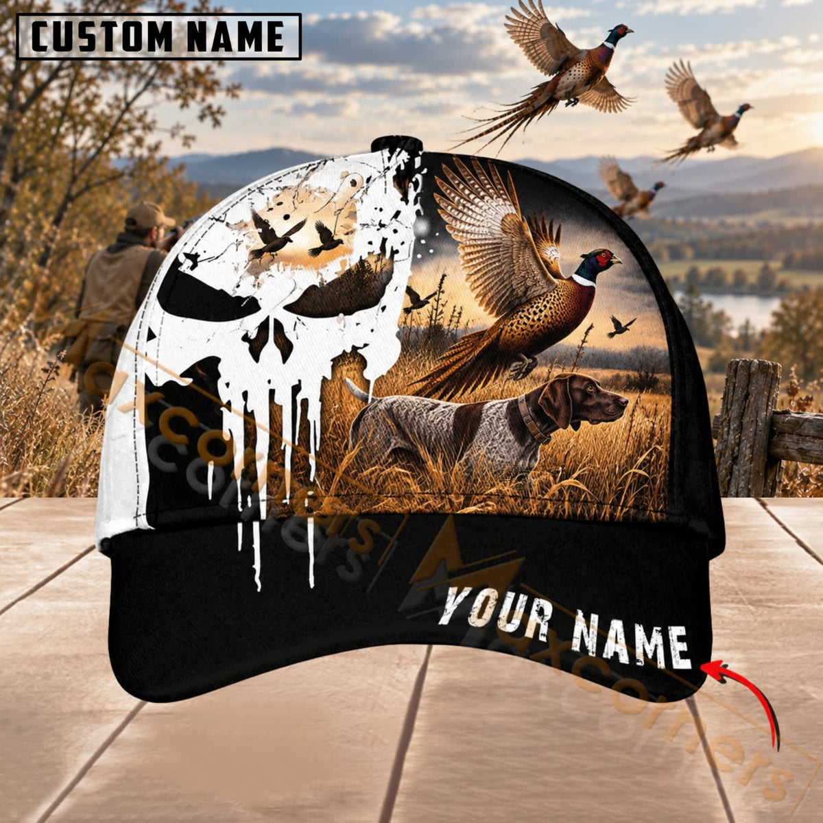 Maxcorners Upland Bird Hunting Black White Pheasant Skull Personalized Name 3D Cap
