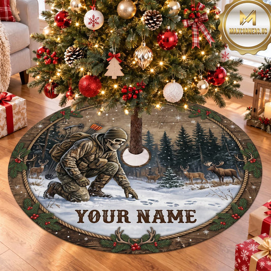 Maxcorners Hunting Hunter Deer Pine Forest Personalized Name 3D Christmas Tree Skirt