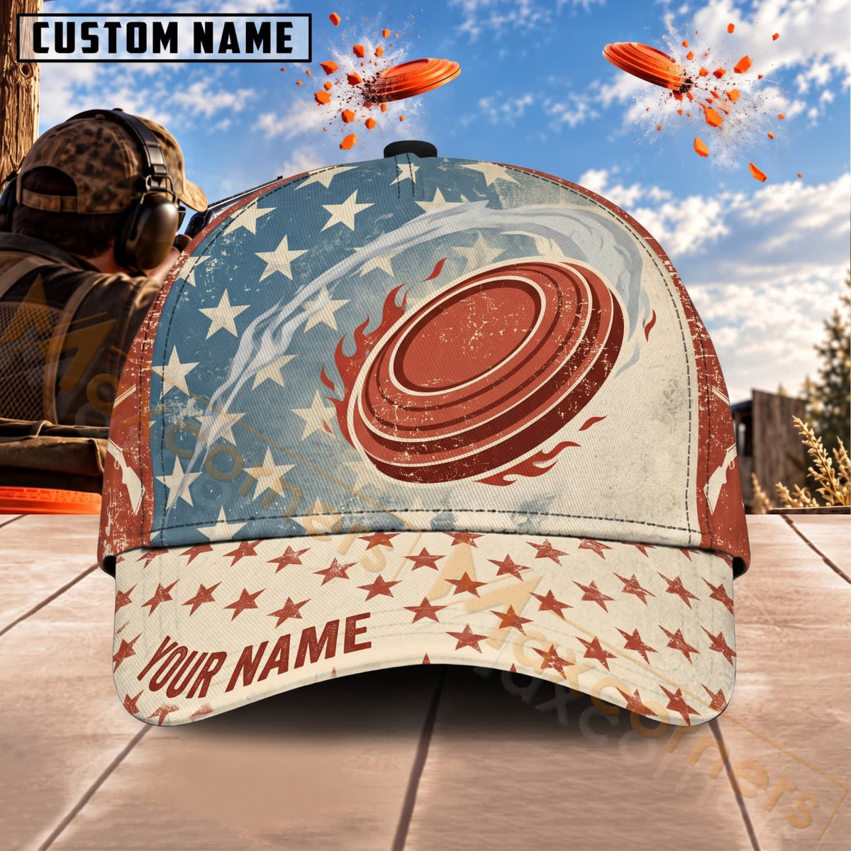 Maxcorners Trap & Skeet Shooting Patriotic Clay Target Stars Personalized Name 3D Cap
