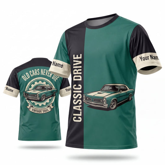 Maxcorners Personalized Car Classic Muscle Car 3D T-Shirt – Teal Black Classic Drive Vintage Silver Muscle Car