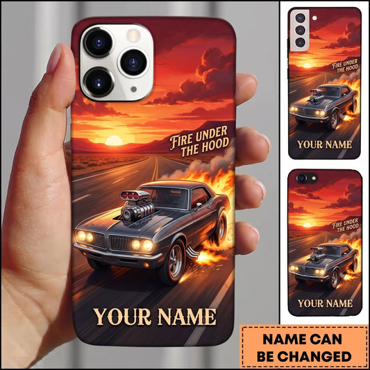 Maxcorners Classic Muscle Car Blue Vintage Car with Sunset Highway and Orange Flame Personalized Name 3D Phone Case