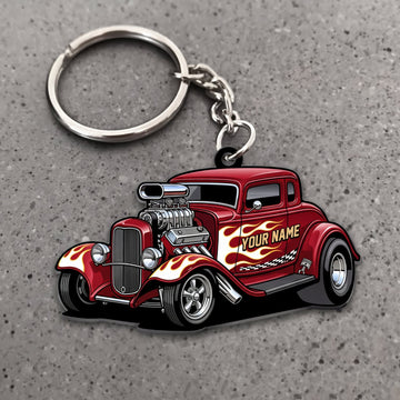 Maxcorners Hot Rod Red Classic Roadster with Chrome Engine and Flame Graphics Personalized Name 3D Keychain And Ornament