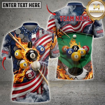 Maxcorners Billiards American Flag Golden 9 Ball And Flaming Pool Cue Personalized Name 3D Unisex Shirt