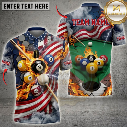 Maxcorners Billiards American Flag Golden 9 Ball And Flaming Pool Cue Personalized Name 3D Unisex Shirt