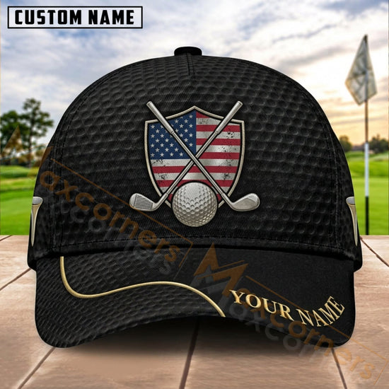 Maxcorners Golf USA Crossed Flags Ball Personalized Name 3D Cap
