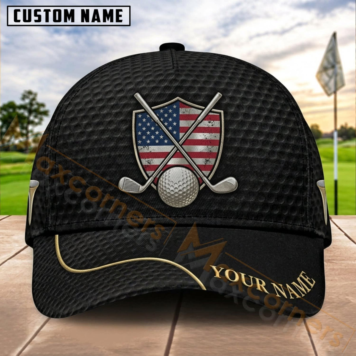 Maxcorners Golf USA Crossed Flags Ball Personalized Name 3D Cap