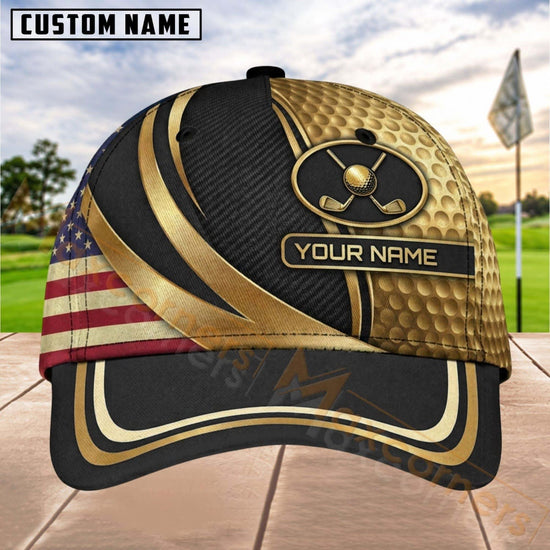 Maxcorners Golf Patriotic Gold Emblem Personalized Name 3D Cap (7 Colors)