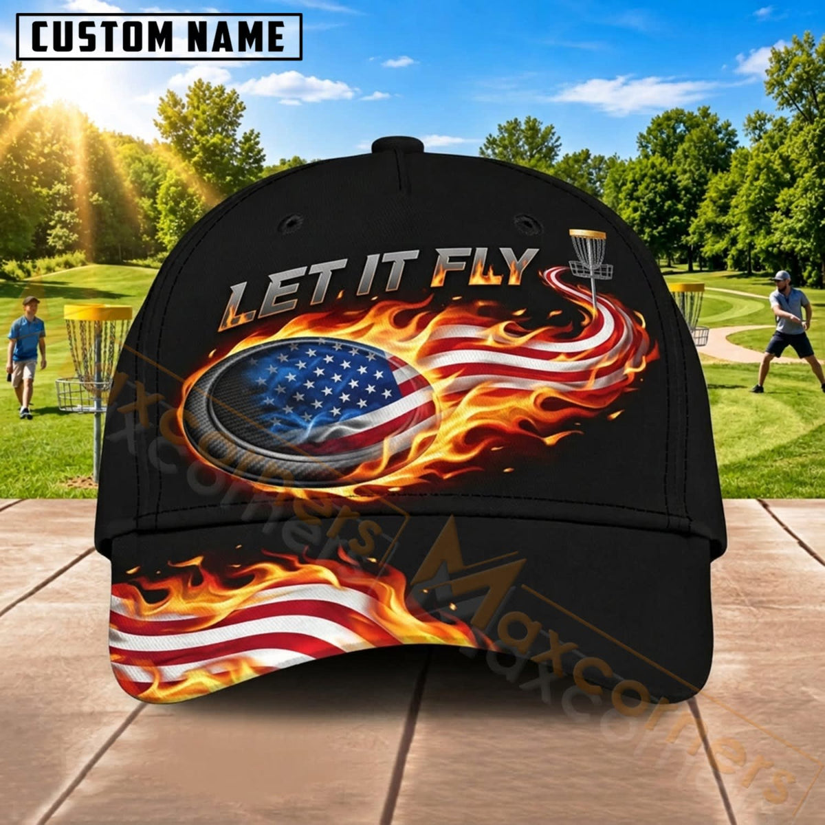 Maxcorners Disc Golf American Flag Fire Flying Disc Personalized Name 3D Cap