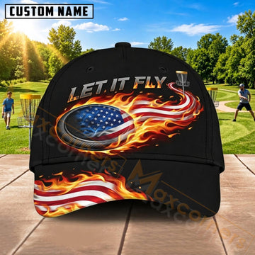 Maxcorners Disc Golf American Flag Fire Flying Disc Personalized Name 3D Cap