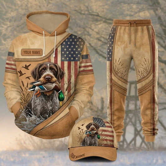 Maxcorners Duck Hunting German Wirehaired Pointer American Flag Beige Personalized 3D Shirts