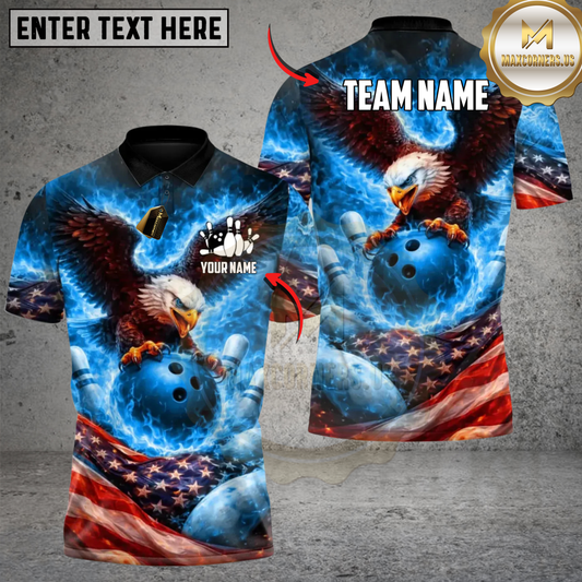 Maxcorners Bowling And Pins Fire Eagle US Flag  Multicolor Customized Name, Team Name 3D Shirt