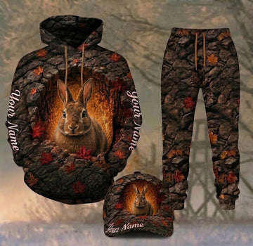 Maxcorners Hunting Rabbit Autumn Stone Cave Personalized 3D Combo Hoodie, Sweatpants Set & Cap
