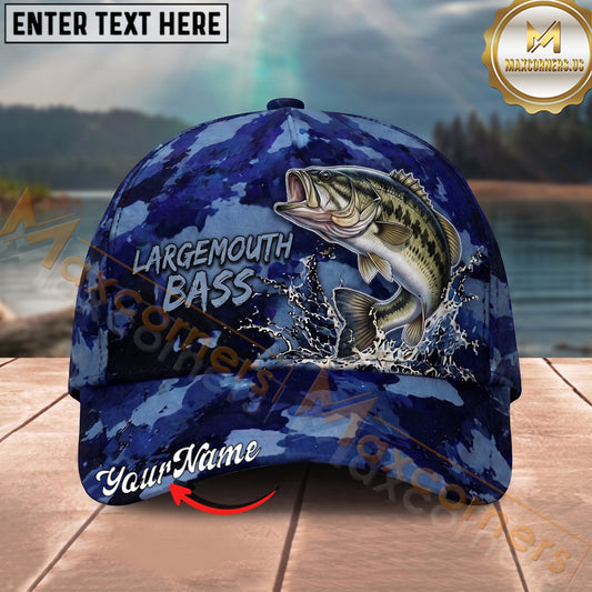 Maxcorners Fishing Splash Artwork Blue Camo Personalized Name 3D Cap (12 Fish Species)