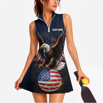 Maxcorners Pickleball Sleeveless Zipper Sports Dress Set Patriotic Eagle Flag Ball Personalized Name 3D Sleeveless Zipper Sports Dress Set