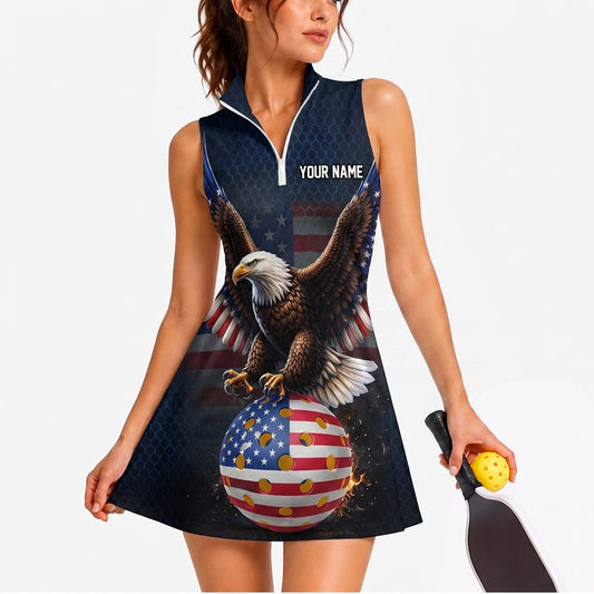 Maxcorners Pickleball Sleeveless Zipper Sports Dress Set Patriotic Eagle Flag Ball Personalized Name 3D Sleeveless Zipper Sports Dress Set
