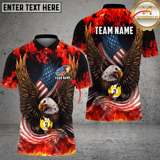 Maxcorners Ball 9 Eagle Fire Flame USA Flag Billiard Jersey Multicolor Options Personalized Name, Team Name 3D Polo Shirt (4 Colors)