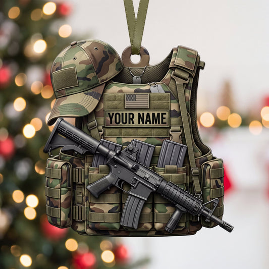 Maxcorners Military Woodland Camo Cap Tactical Vest And Rifle Personalized Name 3D Keychain And Ornament