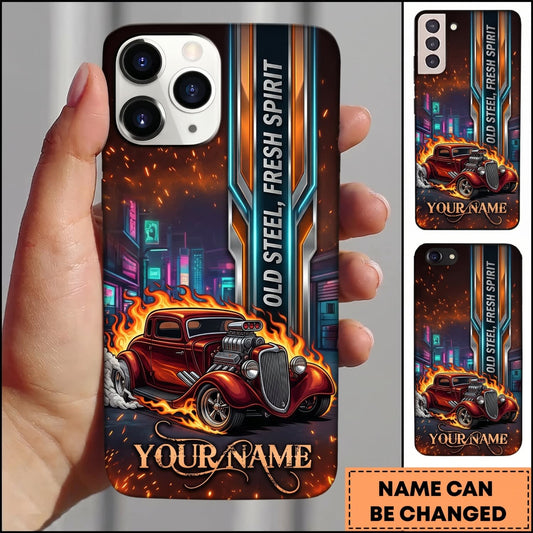 Maxcorners Hot Rod Red Vintage Car with Neon City Skyline and Racing Flame Personalized Name 3D Phone Case