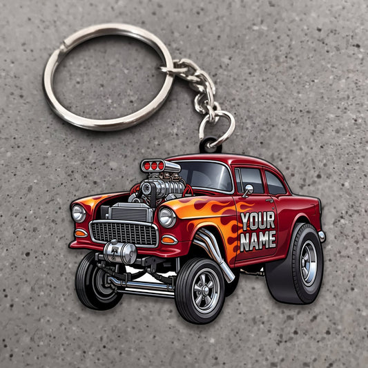 Maxcorners Hot Rod Red Vintage Pickup Truck with Raised Suspension and Flame Graphics Personalized Name 3D Keychain And Ornament